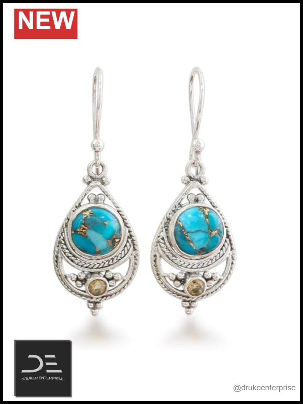 Handcrafted Sterling Silver Turquoise Citrine Dangle Earrings French Wire